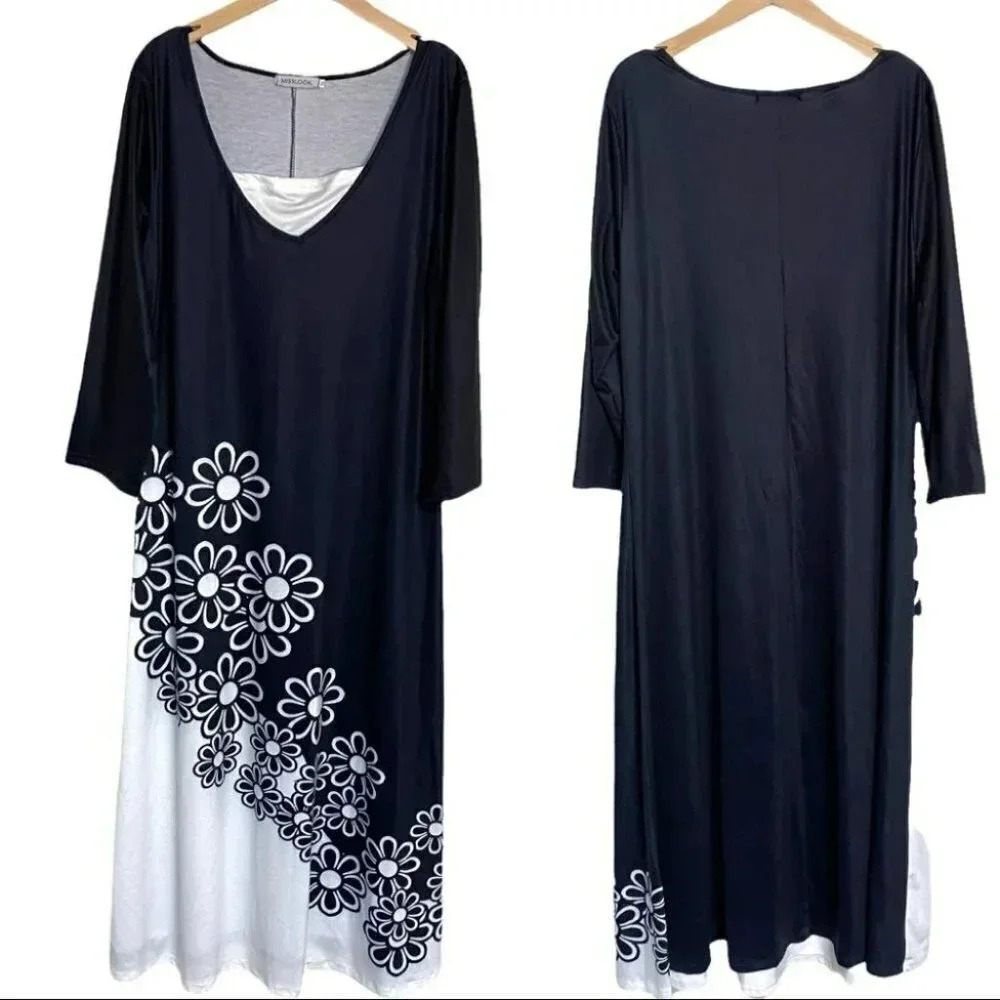 Misslook Floral Maxi Dress XXL Black White Daisy Print 3/4 Sleeve V-Neck Boho